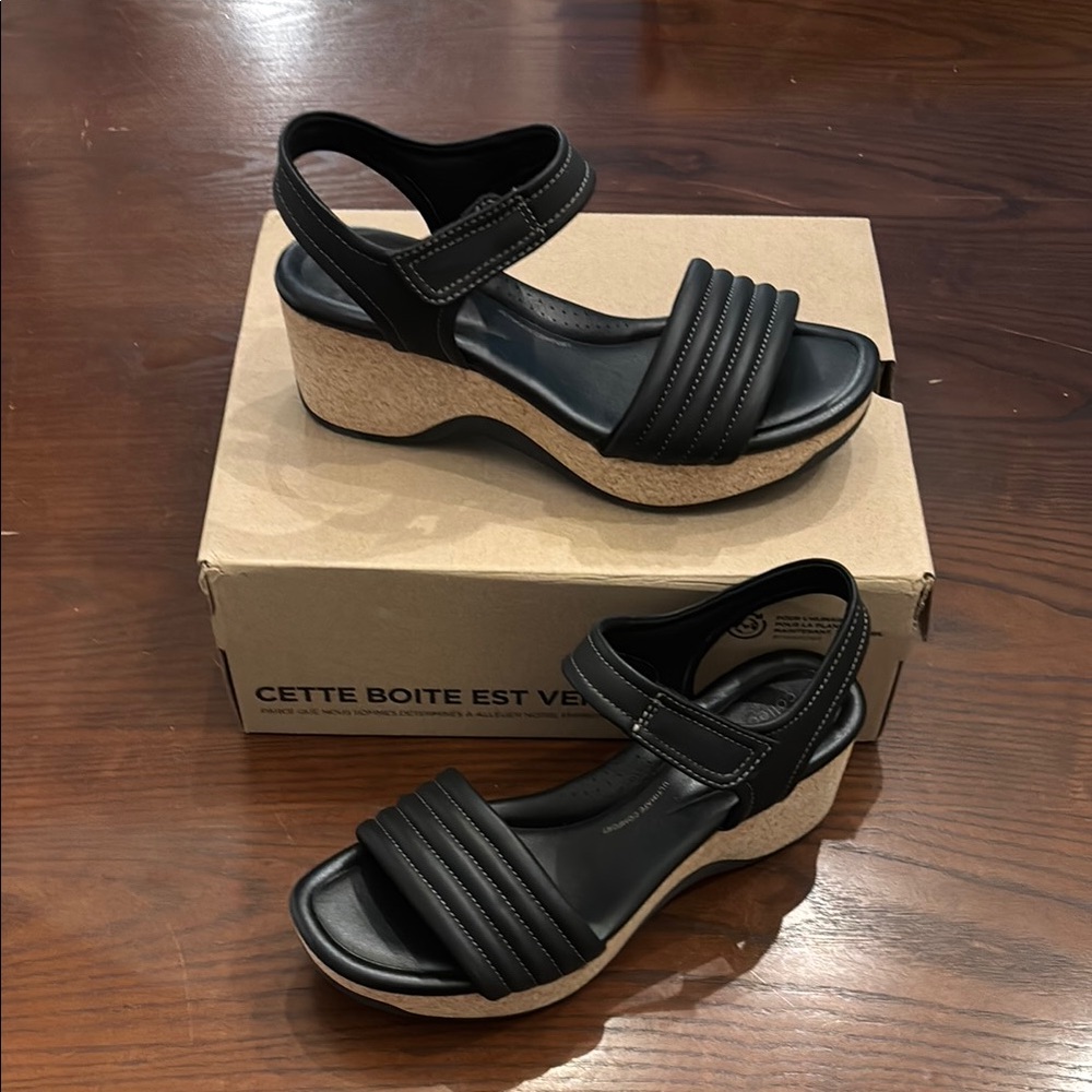 Clarks Black Wedge Sandals with Cork-Look Platform